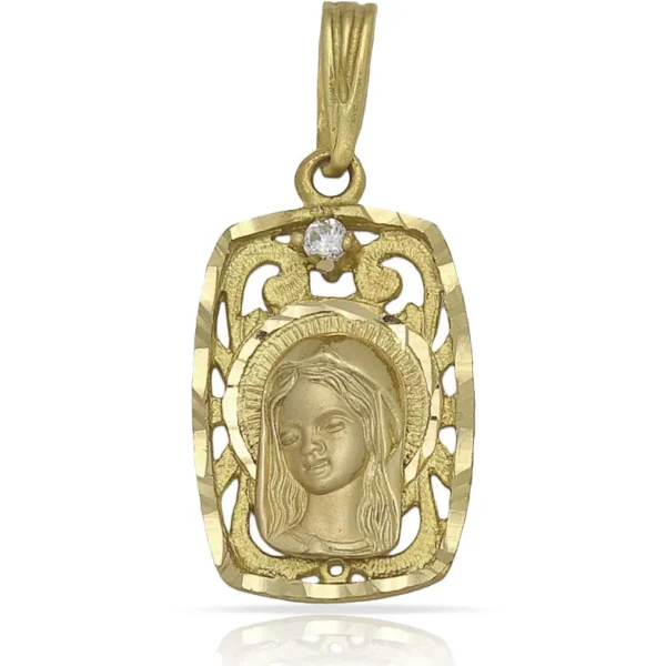 Medalla Virgen Niña calada con circonitas en Oro amarillo de 18 Kl con forma rectangular