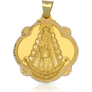 Medalla Virgen del Rocío en Oro amarillo de 18 Kl con borde tallado y forma redonda.