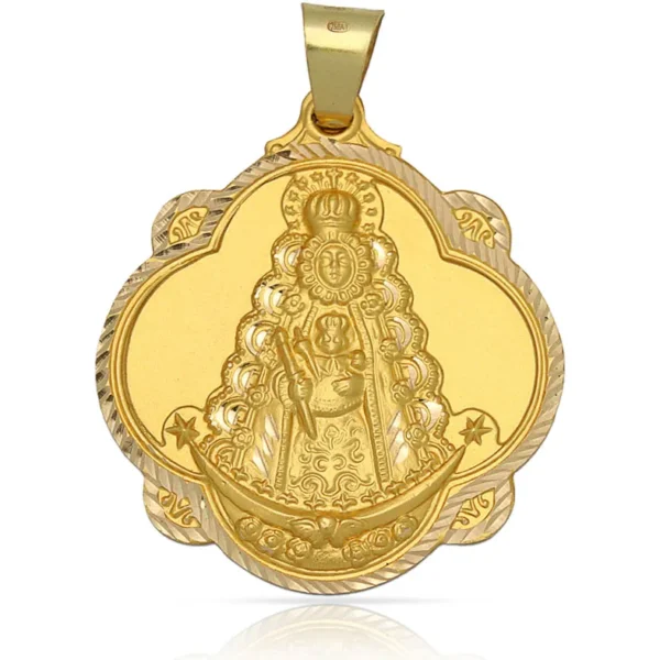 Medalla Virgen del Rocío en Oro amarillo de 18 Kl con borde tallado y forma redonda.