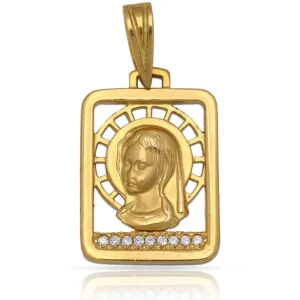 Medalla Virgen niña en silueta calada en Oro de 18 Kl, rectangular y con nueve circonitas